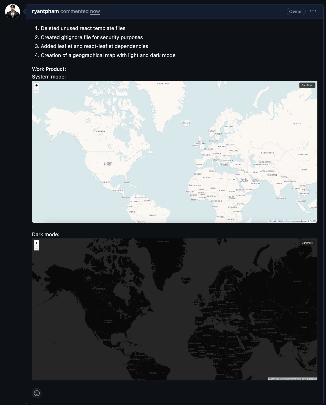 GitHub commit comment: interactive Leaflet map with light and dark tile modes, first milestone work product.